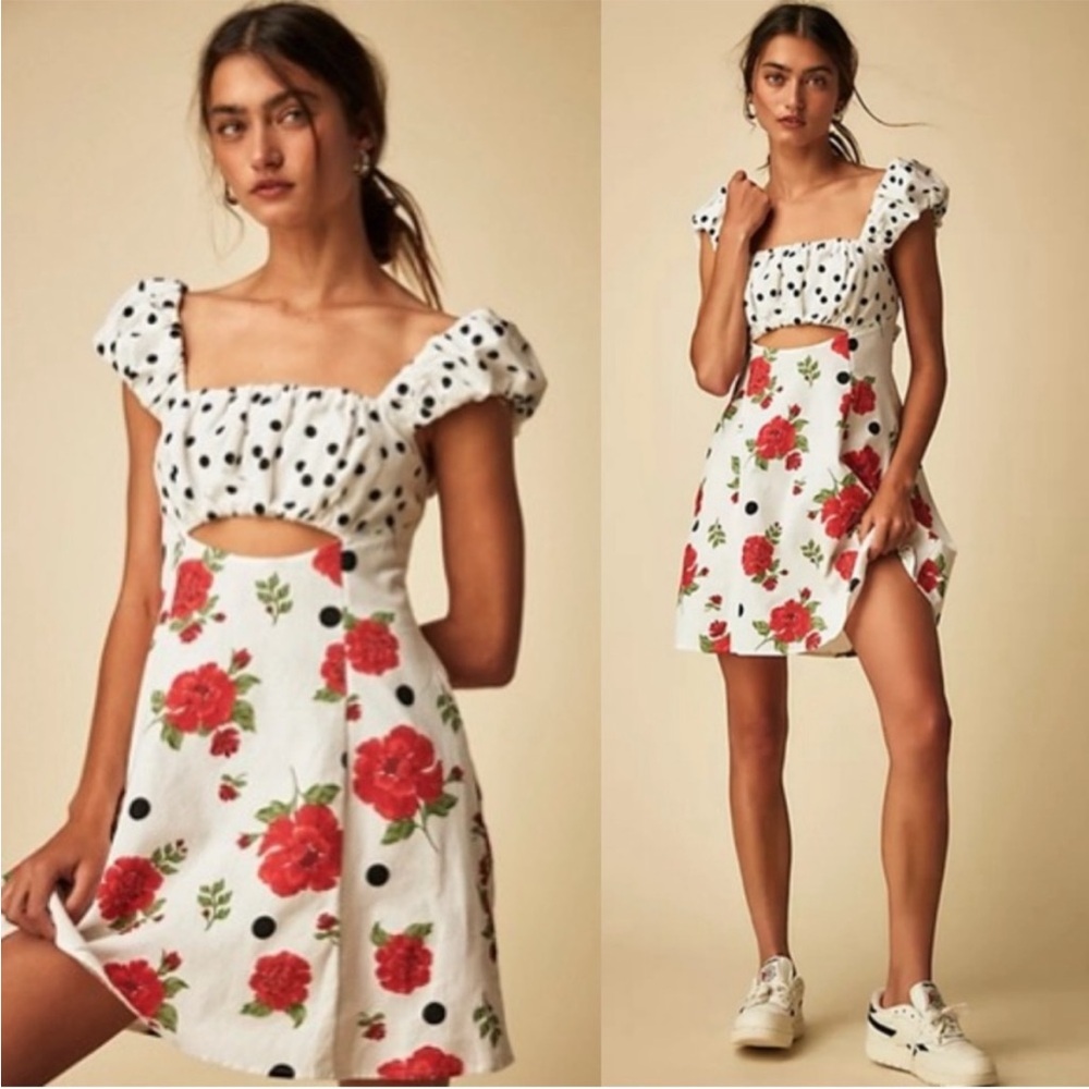 Free People White Mini Dress with Red Floral and Black Polka Dots